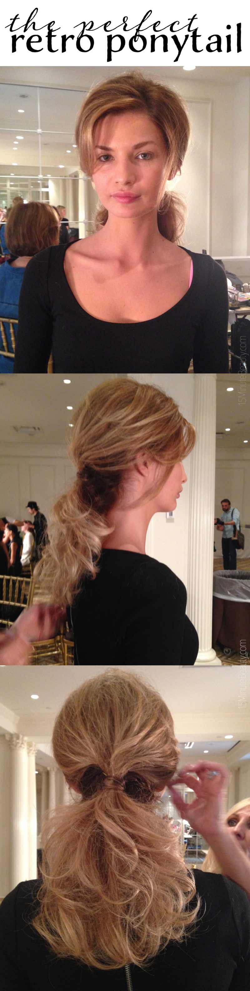 step by step how to get the look of a low retro ponytail