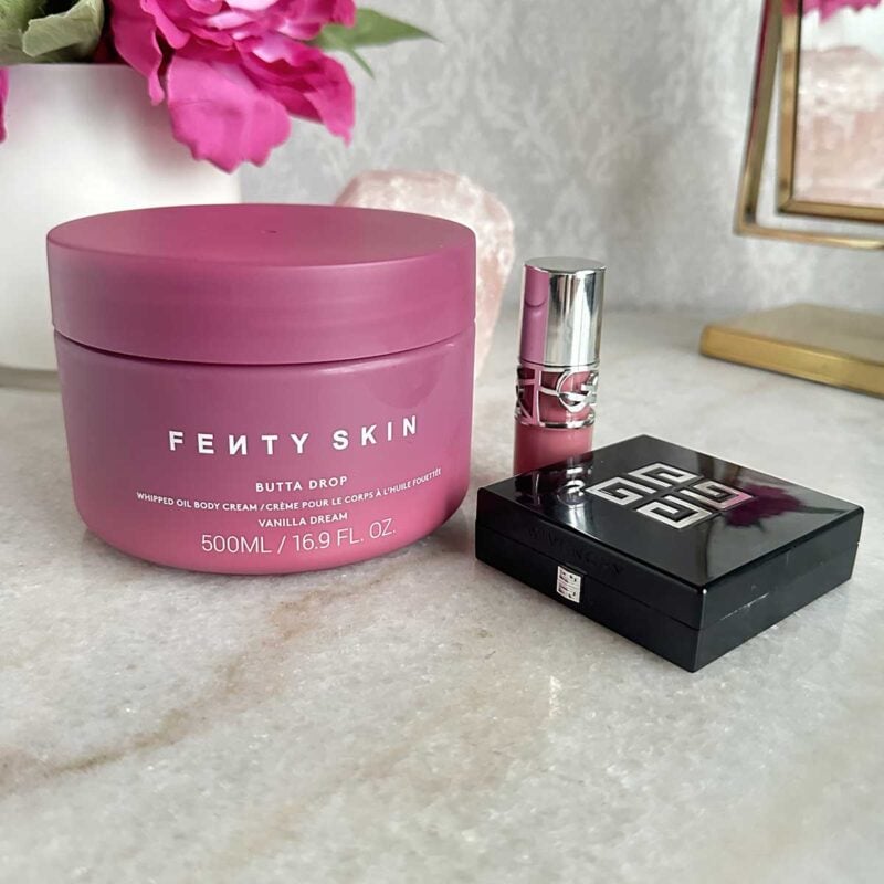 Givenchy Pressed Powder, Fenty Vanilla Dream Butta Drop and YSL lip oil